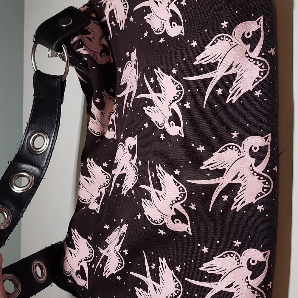 Black and Pink Swallow Print Shoulder Bag
